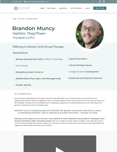 New Connections Individual Therapist Profile Page Re-Design